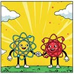 Atoms holding hands comic style image to represent an ionic bond.